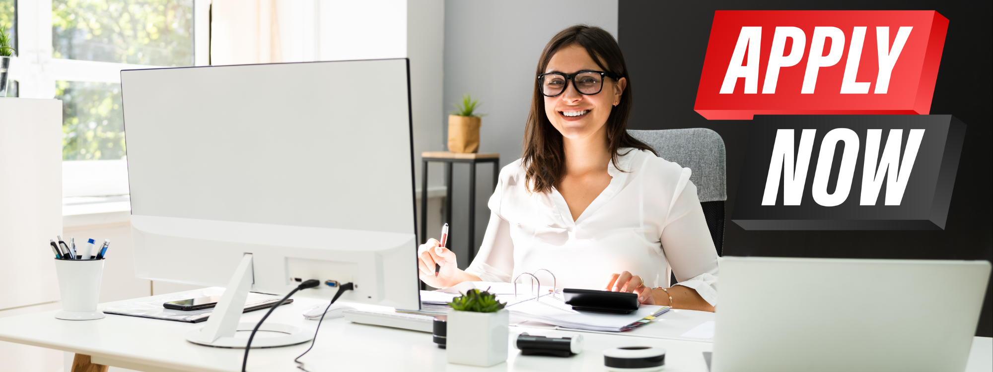 Apply for a Loan banner showing a woman at work.