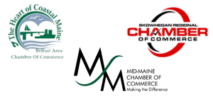 Logos for the Belfast Area, Skowhegan Regional, and Mid-Mine Chambers of Commerce.