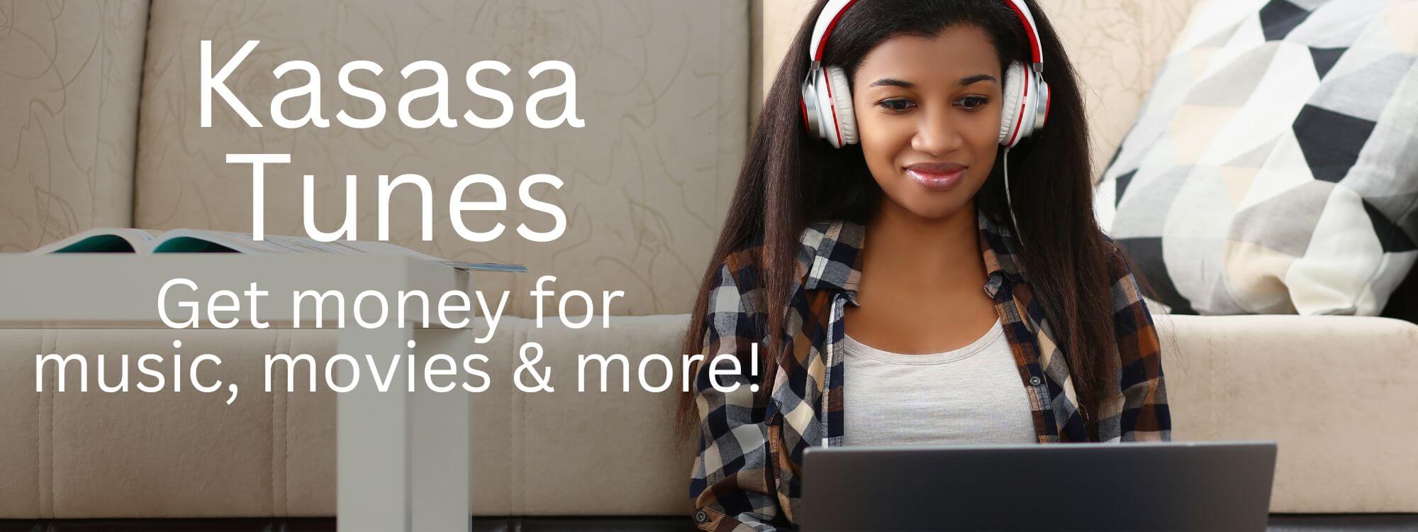 Banner for Kasasa Tunes showing a woman listening to music on her laptop.